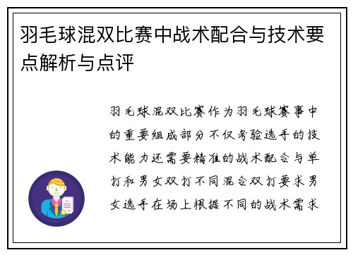 羽毛球混双比赛中战术配合与技术要点解析与点评