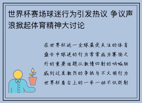 世界杯赛场球迷行为引发热议 争议声浪掀起体育精神大讨论